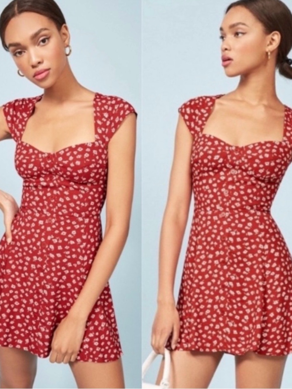 Reformation Red Floral Square-Neck Mini Dress